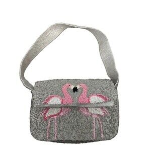 Flamingo Beaded Baguette Bag Silver Pink Sol & Mer